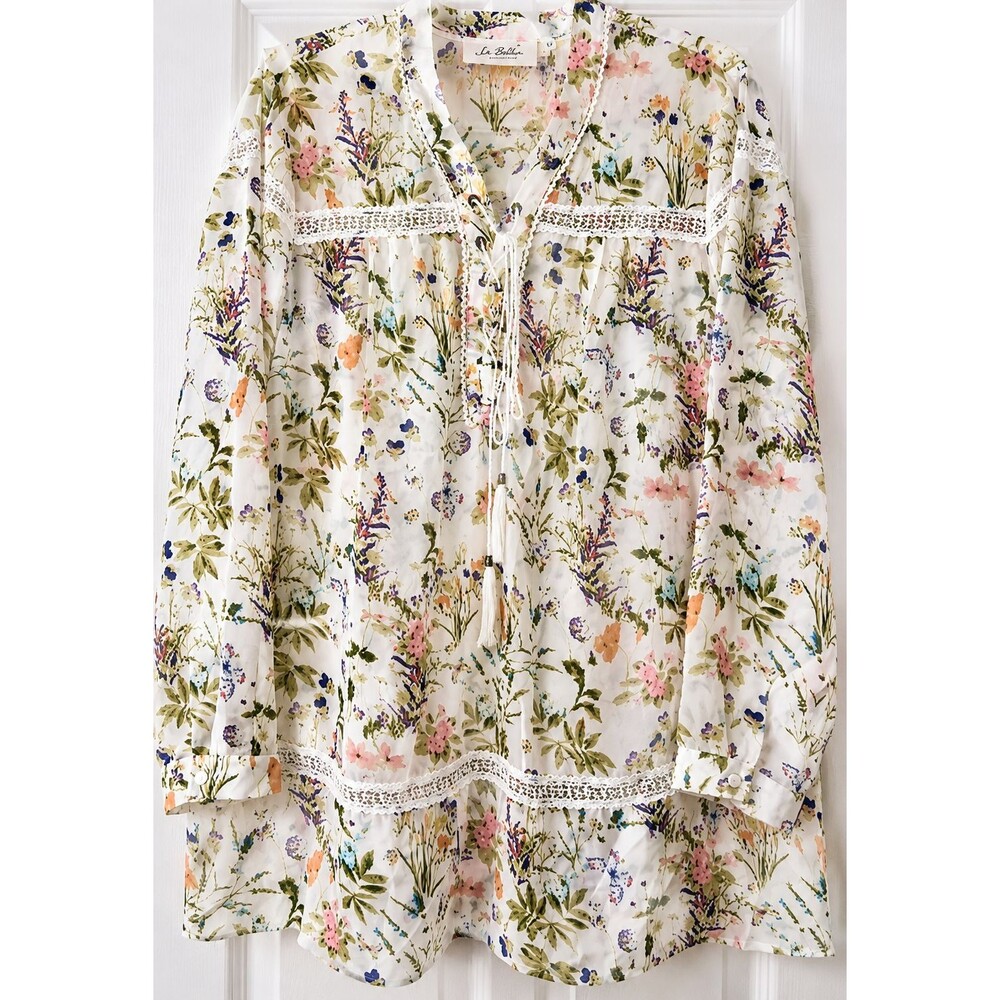 SHEER FLORAL BOHO BLOUSE WOMENS LARGE LACE TRIM TIE NECK FLOWY